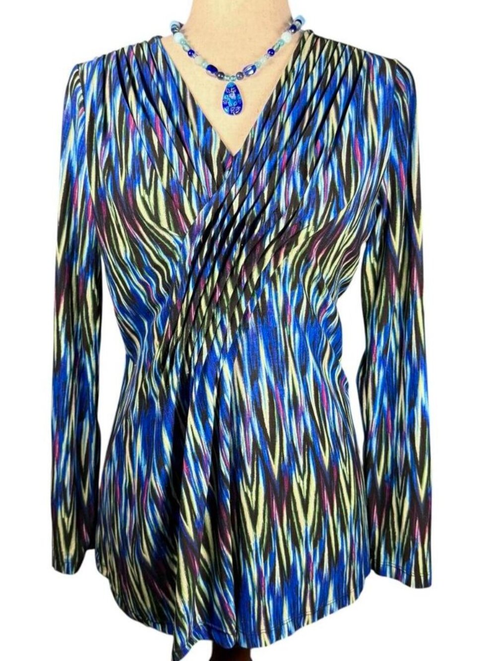 Rafaella Long-Sleeve Top Blue Abstract V-neckline